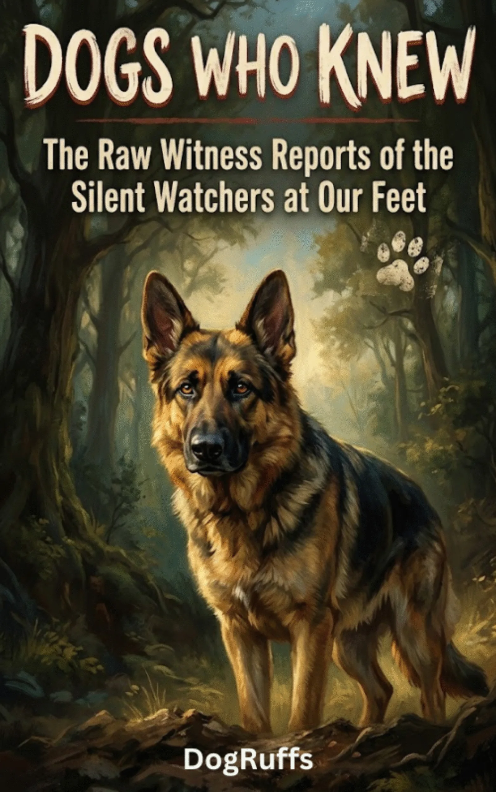 Dogs Who Knew book cover featuring a German Shepherd in a misty forest
