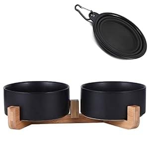 Petygooing Ceramic Dog Cat Bowls Set with Stand,Black Pet Food and Water Bowl,Small Dog Bowls Cute Modern Anti Slip Set of 2 Pet Feeder Small Size Pet Dish(13.5OZ/5.1 in)
