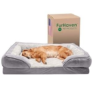 Furhaven Cooling Gel Dog Bed for Large Dogs w/ Removable Bolsters & Washable Cover, For Dogs Up to 95 lbs – Plush & Velvet Waves Perfect Comfort Sofa – Granite Gray, Jumbo/XL, 40.0″L x 32.0″W x 9.5″Th