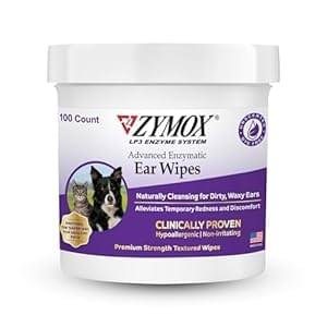 Zymox Advanced Enzymatic Ear Wipes for Dogs and Cats – for Dirty, Waxy, Smelly Ears – Premium Strength Ear Cleaner Wipes – Non-Irritating – Hypoallergenic – 100 ct
