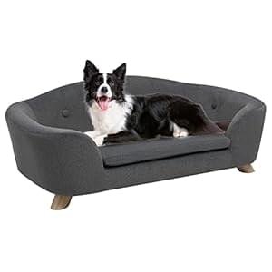 SHAVI Large Dog Couch, 35″ Wide Pet Sofa for Large and Medium Dogs with Removable Mattress Cover, Luxury Raised Dog Couch Velvet Lounging Bed with Anti-Slip Bottom(Deep Grey)
