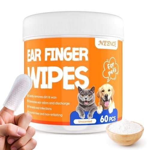 NEENCE Ear Finger Wipes for Dogs & Cats,Dog Ear Cleaner Finger Wipes, Soothing Cleansing Deodorizing Ear Care Wipes for Cat and Dog, Effectively Remove Ear Wax for Dogs & Cats(60 Pcs, Unscented)