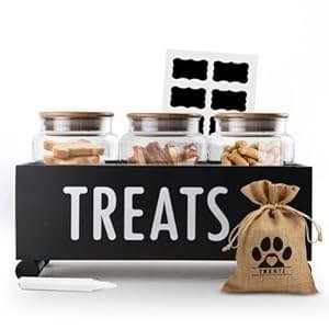 Dog Treat Container – Includes 3 Treat Jar, 1 Treat Bag, Wooden Pet Treat Container, Storage Basket For Pets, Dog Treat Station, with Reusable Sticker & Marker