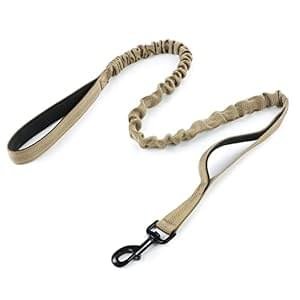 rabbitgoo Tactical Bungee Dog Leash with Shock Absorption, Military Training Leash with 2 Padded Control Handles for Medium Large Dogs, 4FT, Brown