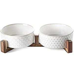 Dog Bowls Ceramic for Small Medium Dogs – 3-Cup Dual Food & Water Bowl Set with Acacia Wood Stand, Non-Slip Anti-Tip Elevated Design