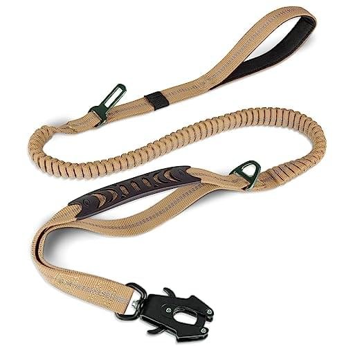 Joytale Tactical Dog Leash Heavy Duty, 4-6FT Shock Absorbing Bungee Lead with 2 Padded Handle, Metal Carabiner Clip, Car Seatbelt, Strong No Pull Leash for Medium Large X-Large Dogs, Coyote Brown