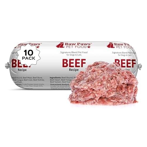 Raw Paws Signature Blend Pet Food for Dogs & Cats - Beef Recipe, 1-lb Rolls (10 Pack) - Fresh Pet Food Made in USA, Grass-Fed Beef Log, Natural Dog Food Rolls, Raw Frozen Dog Food & Cat Food