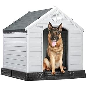 LEMBERI Durable Waterproof Plastic Dog House for Small to Large Sized Dogs, Indoor Outdoor Doghouse Puppy Shelter with Elevated Floor, Easy to Assemble (Gray, 42”L*38”W*39”H)