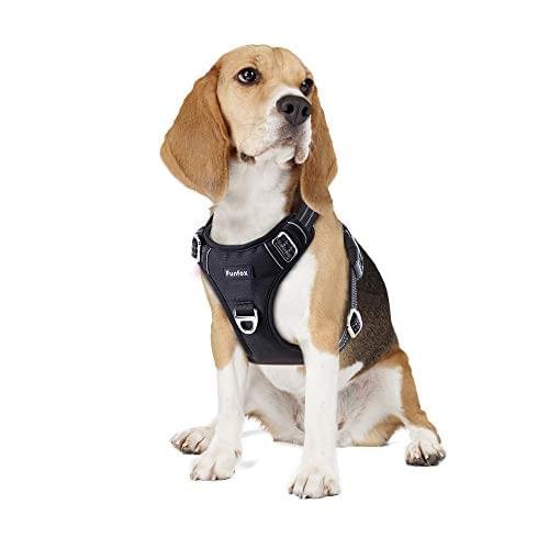 Funfox Dog Harness No Pull, Adjustable Pet Vest Harness, Super Soft Material with Vertical Handle Easy Control, Reflective Night Walking, 2 Leash Clips for Medium Sized Dogs, Black, M