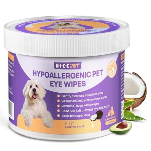 HICC PET Eyes Wipes for Dogs & Cats - Gently Remove Tear Stain, Debris, Discharge, Crust - Coconut Oil Pet Cleaning Grooming Deodorizing Wipes Wash Cleaner for Eyes, Wrinkle, Face - 100pcs