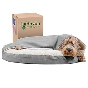 Furhaven 35″ Round Orthopedic Dog Bed for Large/Medium Dogs w/ Removable Washable Cover, For Dogs Up to 50 lbs – Sherpa & Suede Snuggery – Gray, 35-inch