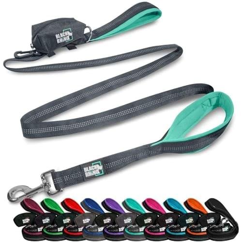Black Rhino Heavy Duty Dog Leash for Medium and Large Dogs - 6 ft Long Double Handle Leash with Padded Traffic Control Handles and Bag for Comfort - Reflective, Durable, and Weather Resistant (Aqua)