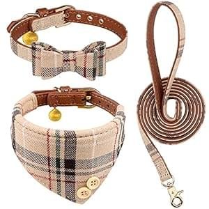 3 PCS Dog Collars for Small Puppy Collar and Leash Set, Bow Tie with Bell, Bandana Leather for Small Dogs Puppies and Cats(Beige)