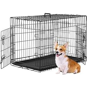 FDW Dog Crate for Medium Dogs 36 Inch Folding Metal WirePet Cage Double Door W/Divider Panel Indoor Outdoor Kennel Leak-Proof Plastic Tray,Black