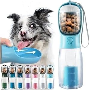 Portable Dog Water Bottle, 3-in-1 Travel Bowl with Food Container & Poop Bag Holder, Pet Dispenser Summer Outdoor Walking Hiking Accessories for Large Dogs – Blue, 20oz