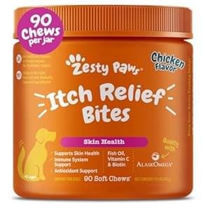 Zesty Paws Itch Relief for Dogs – for Itching Skin & Coat Health – Omega-3 Fish Oil with EPA & DHA – Dog Bites Supplement with Vitamin C & E for Antioxidant Support – Chicken Flavor – 90 Count