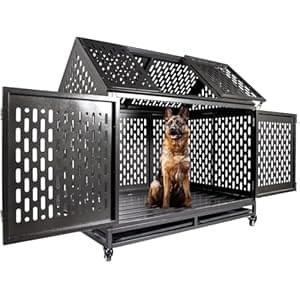 LINGXIAN Heavy Duty Dog Crate Dog Cage, 46 inch Indestructible Metal Dog Kennel Lockable for Medium Large Dogs with Sturdy Door Lock and Removable Trays, Roof Top Access (Black with Two Doors)