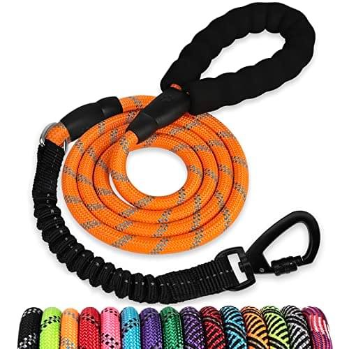 Rope Dog Leash 4 FT: Heavy Duty Leashes with Swivel Lockable Hook Reflective Threads Bungee and Padded Handle - Dog Lead for Large Small Medium Dogs Outside Walking Hiking Orange