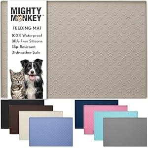 MIGHTY MONKEY 100% Waterproof Dog Food Mat, Raised Edges Silicone Pet Feeding Placemat for Cat, Dogs, Pet Bowls, High Lipped Tray Prevents Water Spills, Food on Floor, Dishwasher Safe, 18×12, Beige