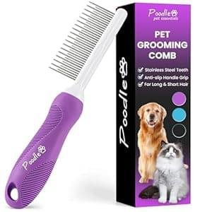 Poodle Pet Detangling Pet Comb with Long & Short Stainless Steel Teeth for Removing Matted Fur, Knots & Tangles – Detangler Tool Accessories for Safe & Gentle DIY Dog & Cat Grooming