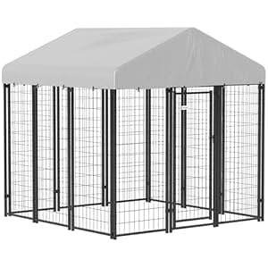 PawHut Outdoor Dog Kennel with Roof, 6′ x 6′ x 6′ Heavy Duty Welded Wire Dog Playpen Enclosure with Escape-Proof Lock, UV-Resistant & Waterproof Cover, for Large Dogs, Silver