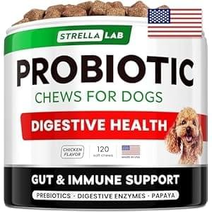 STRELLALAB Pet Probiotics for Dogs & Digestive Enzymes + Digestion & Gut Health Treats, Dog Probiotics Chews, Fiber Supplement, Anti Diarrhea, Constipation, Upset Stomach&Gas Relief, Canine Prebiotic