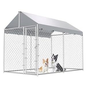 10’x6’x7.65′ Large Dog Playpen Outdoor, Heavy Duty Chain Link Metal Dog Kennel Dog Exercise Dog Pen Dog Run with Lockable Door and Water-Resistant Canopy, for Medium and Large Dogs
