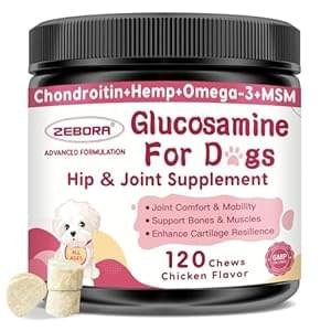 Glucosamine for Dogs, Joint Supplement for Dogs, Chondroitin, MSM, Hemp, Turmeric, Omega 3 for Pain Relief & Skin Health, Dog Hip and Joint Supplement with Calcium Support Bones Health – 120 Chews
