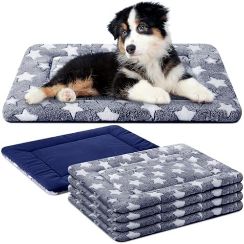 4 Pcs Dog Bed Mat Crate Pad Reversible Mat Machine Washable Bed Star Pet Sleeping Kennel Pad for Crate for Small, Medium, Large Dog(18 x 24 x 1.6 Inch,Blue)
