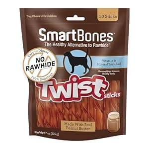 SmartBones Smart Twist Sticks With Peanut Butter 50 Count, Rawhide-Free Chews For Dogs, SBTT-02943, 50-count