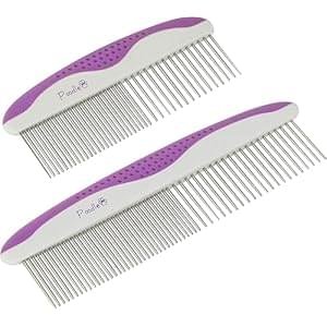 Poodle Pet Dog Combs for Grooming | 2 Pack | Stainless Steel Teeth Easily Remove Dirt | Proper Care Prevents Knots and Mats for Long and Short Haired Pets | Anti-Slip Comfort Grip Handle (Purple)