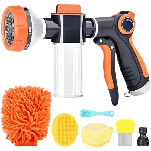Upgrade Dog Washing Hose Attachment, 8 Way Spray Pattern Garden Hose Nozzle with Soap Dispenser, Dog Wash Supplies with 2 type Dog Bath Brush, Dog Comb and Toothbursh, Car Washing Mitt