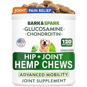 BARK&SPARK Advanced Hemp Chews for Dog Joint Pain Relief – Glucosamine Chondroitin Hemp Treats Hip Joint Health – Joint Supplement Large Breed & Small – Hemp Treats Joints Old Senior Dog (120Ct)